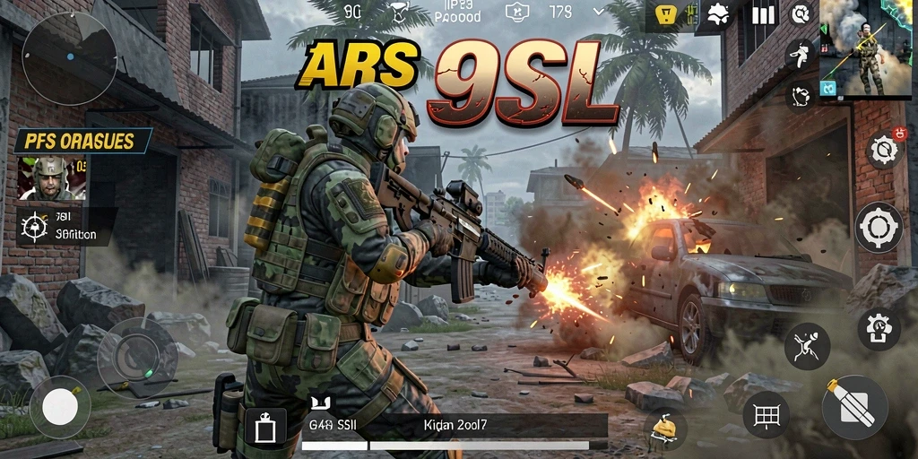 Screenshot gameplay 9SL dengan aksi tembak-menembak yang mendebarkan.