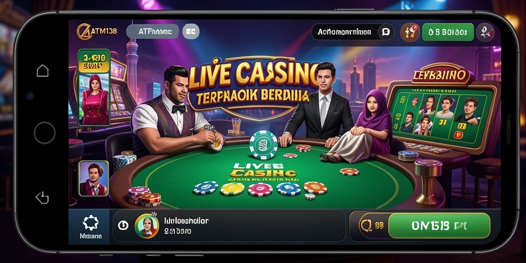 Screenshot gameplay Live Casino yang menampilkan dealer langsung dan suasana kasino.