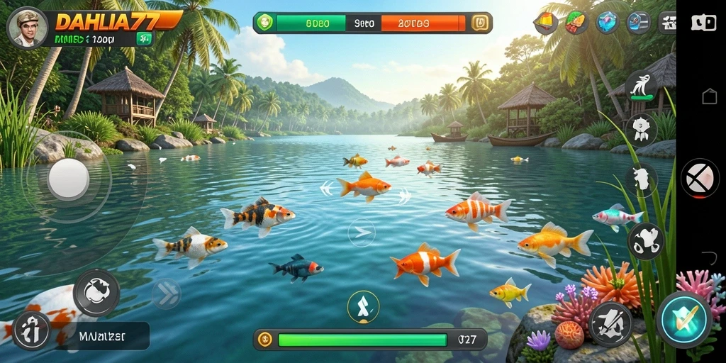 Screenshot gameplay <strong>DAHLIA77</strong> saat menangkap ikan di lokasi indah.