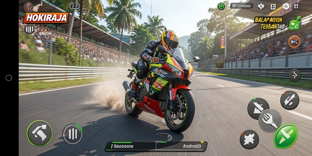 Tampilan gameplay HOKIRAJA yang dinamis dan penuh aksi balap motor.