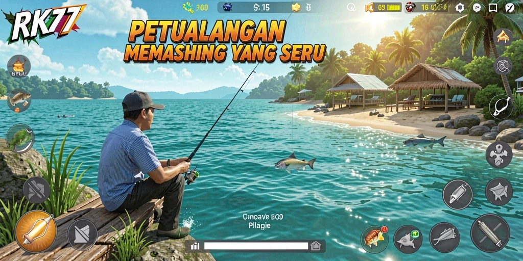 Screenshot RK77 menampilkan gameplay memancing yang seru di alam terbuka.