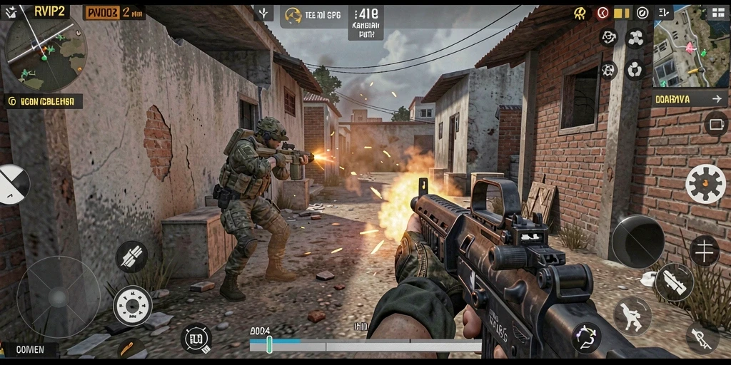 Screenshot menunjukkan aksi mendebarkan dalam gameplay FPS.