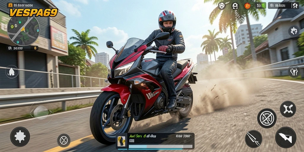 Tampilan gameplay VESPA69 yang penuh aksi dan kecepatan.